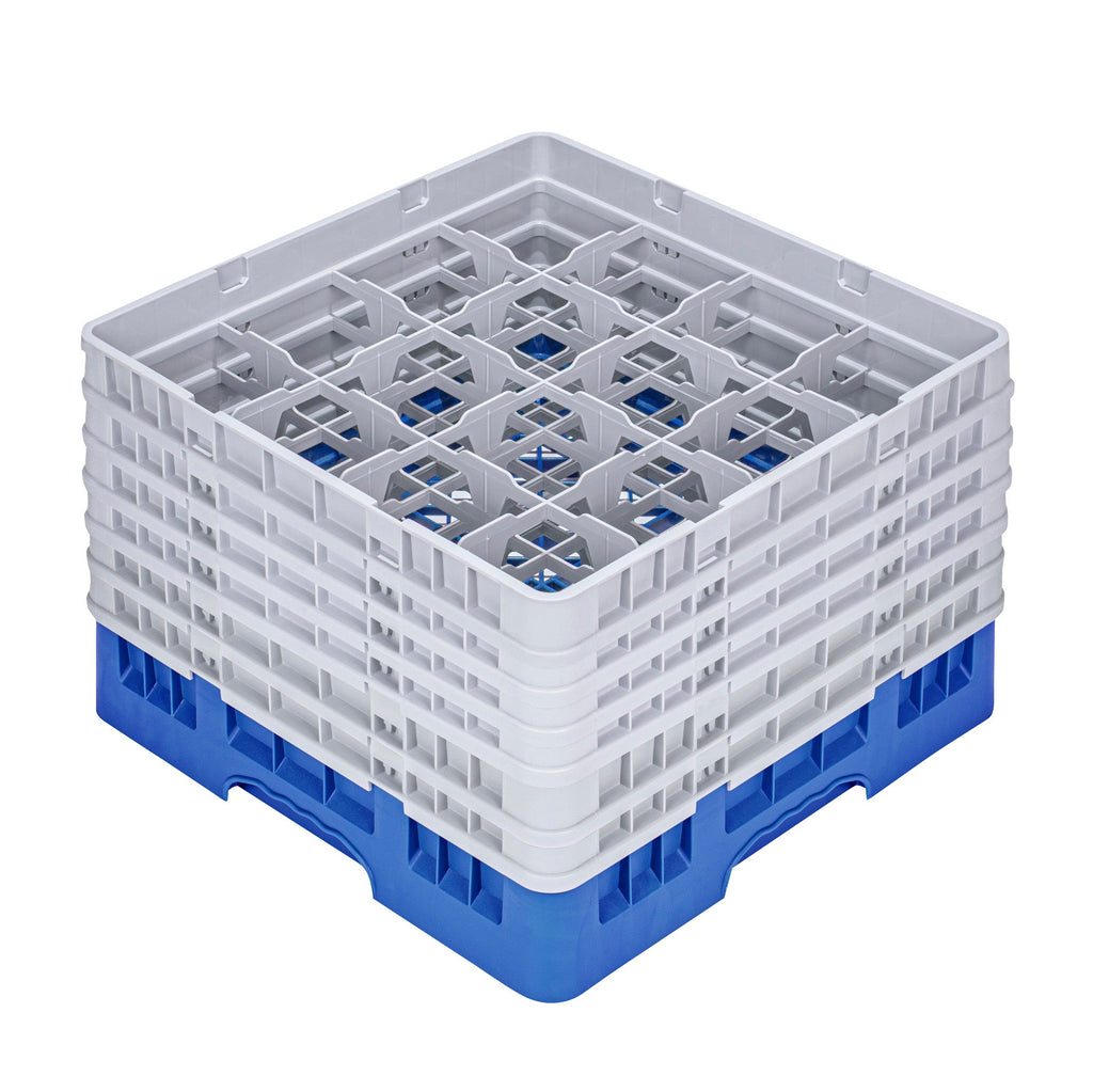 Clean Tek Professional Blue Glass Rack - 16 Compartments, 1 Full Drop and 5 Half Drop Extenders - 19 3/4" x 19 3/4" x 13 3/4" - 1 count box