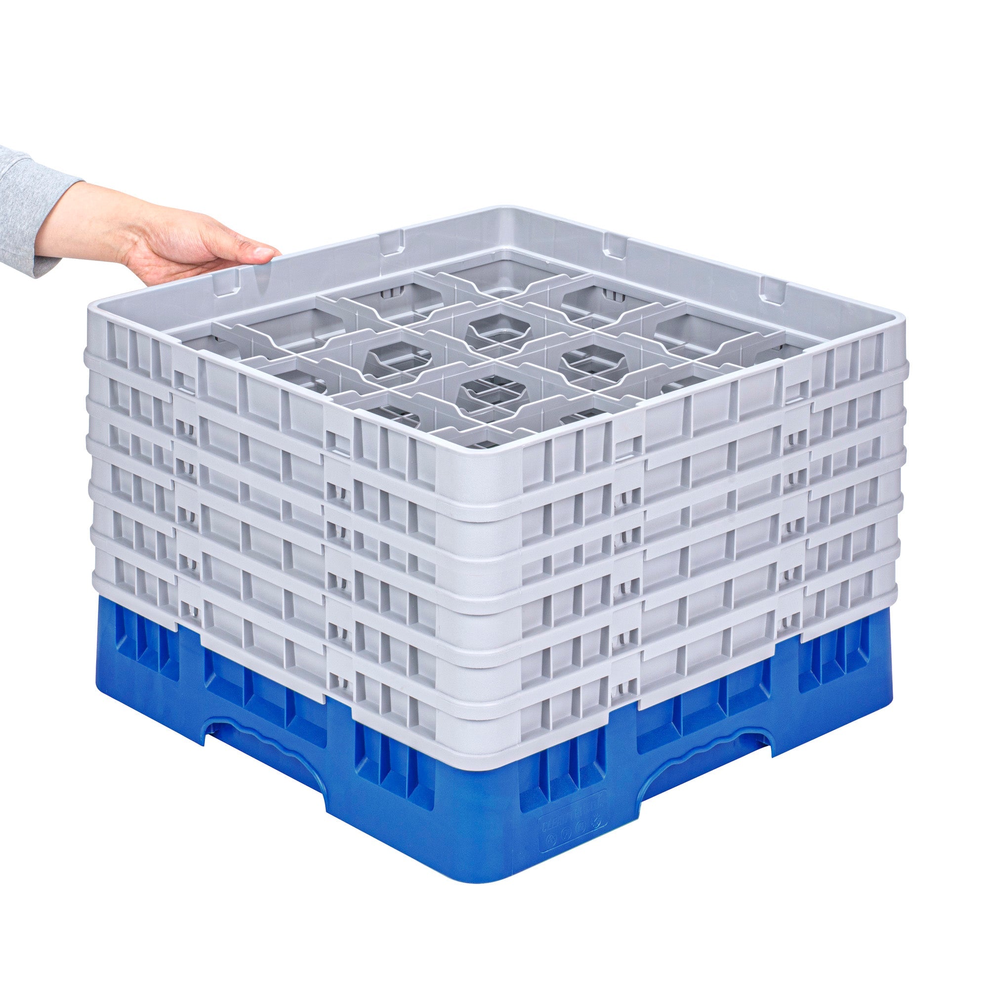 Clean Tek Professional Blue Glass Rack - 16 Compartments, 1 Full Drop and 5 Half Drop Extenders - 19 3/4" x 19 3/4" x 13 3/4" - 1 count box