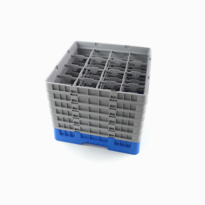 Clean Tek Professional Blue Glass Rack - 16 Compartments, 1 Full Drop and 5 Half Drop Extenders - 19 3/4" x 19 3/4" x 13 3/4" - 1 count box