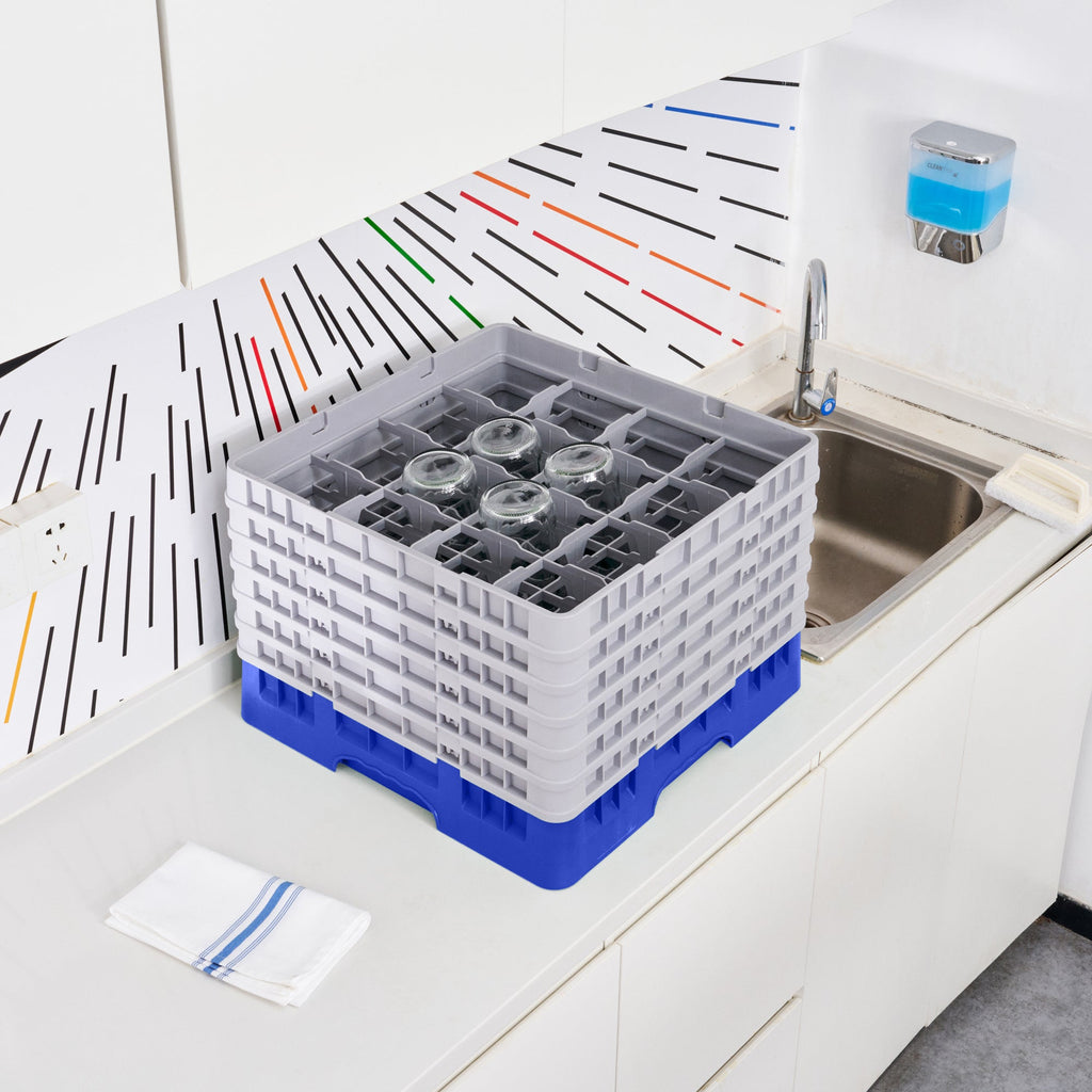Clean Tek Professional Blue Glass Rack - 16 Compartments, 1 Full Drop and 5 Half Drop Extenders - 19 3/4" x 19 3/4" x 13 3/4" - 1 count box