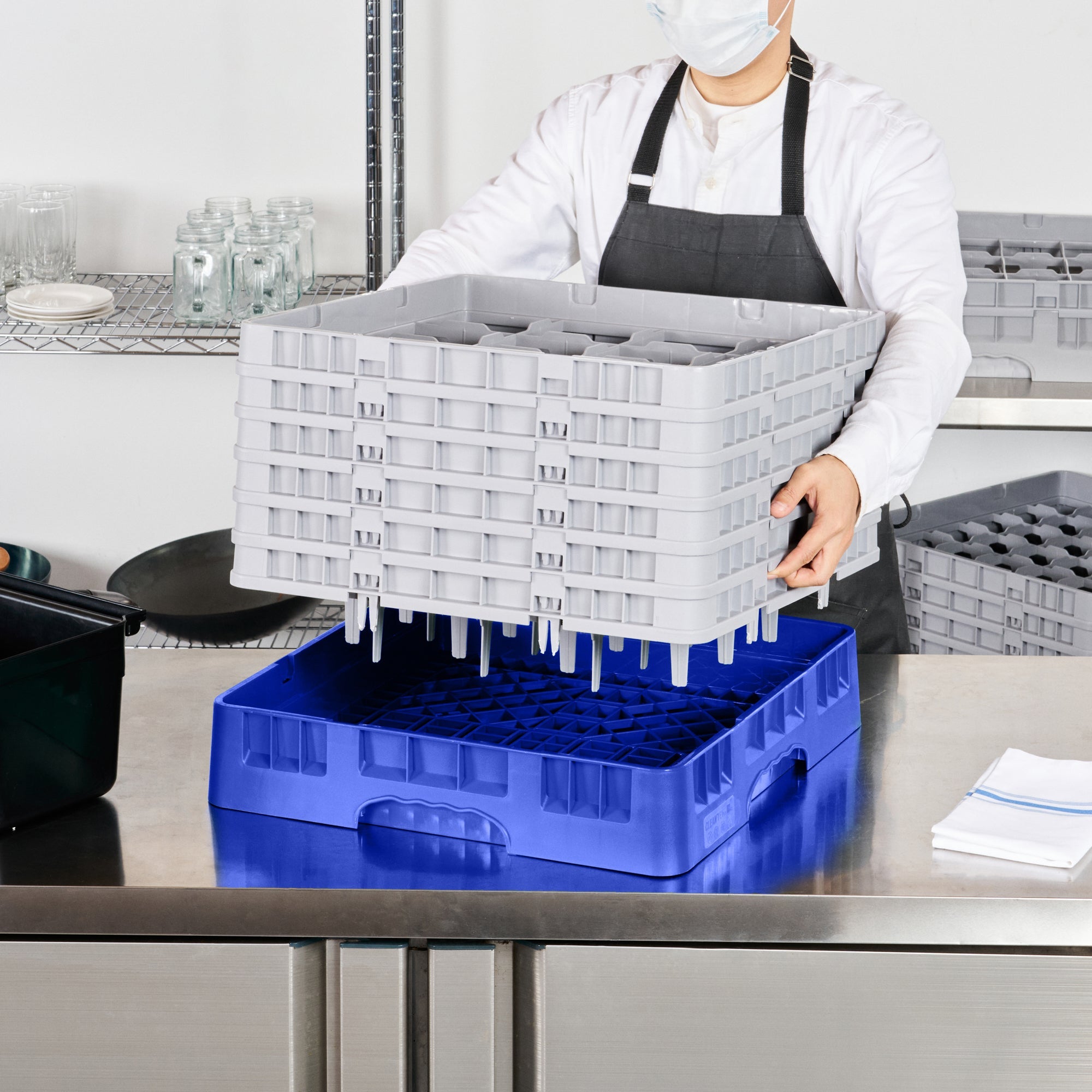 Clean Tek Professional Blue Glass Rack - 16 Compartments, 1 Full Drop and 5 Half Drop Extenders - 19 3/4" x 19 3/4" x 13 3/4" - 1 count box