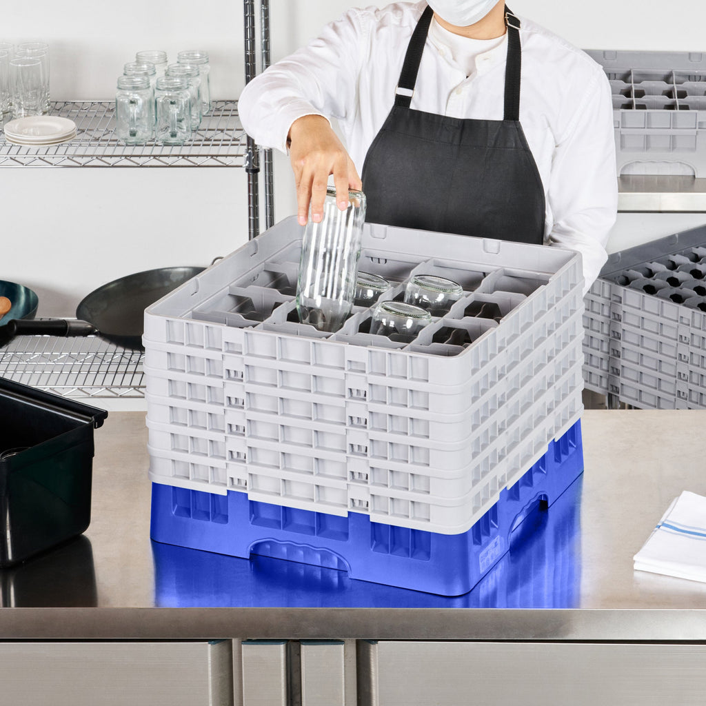 Clean Tek Professional Blue Glass Rack - 16 Compartments, 1 Full Drop and 5 Half Drop Extenders - 19 3/4" x 19 3/4" x 13 3/4" - 1 count box