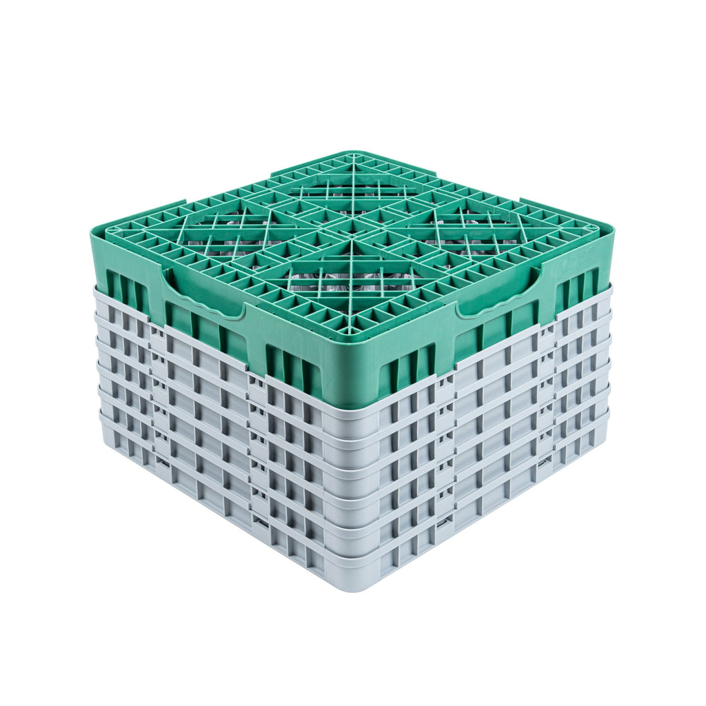 Clean Tek Professional Green Glass Rack - 16 Compartments, 1 Full Drop and 5 Half Drop Extenders - 19 3/4" x 19 3/4" x 13 3/4" - 1 count box