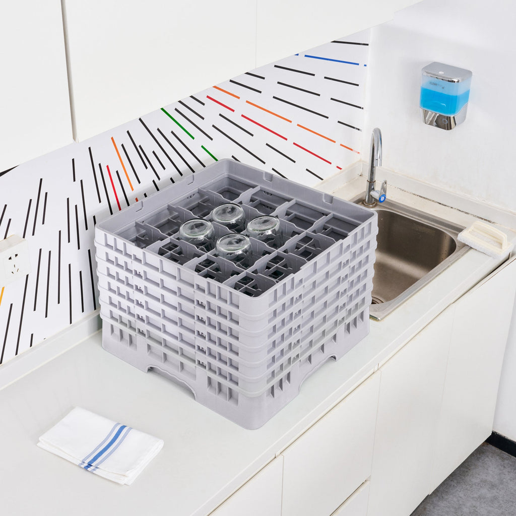Clean Tek Professional Gray Glass Rack - 16 Compartments, 1 Full Drop and 5 Half Drop Extenders - 19 3/4" x 19 3/4" x 13 3/4" - 1 count box