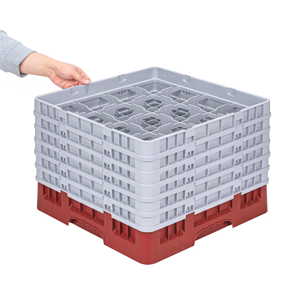 Clean Tek Professional Red Glass Rack - 16 Compartments, 1 Full Drop and 5 Half Drop Extenders - 19 3/4" x 19 3/4" x 13 3/4" - 1 count box