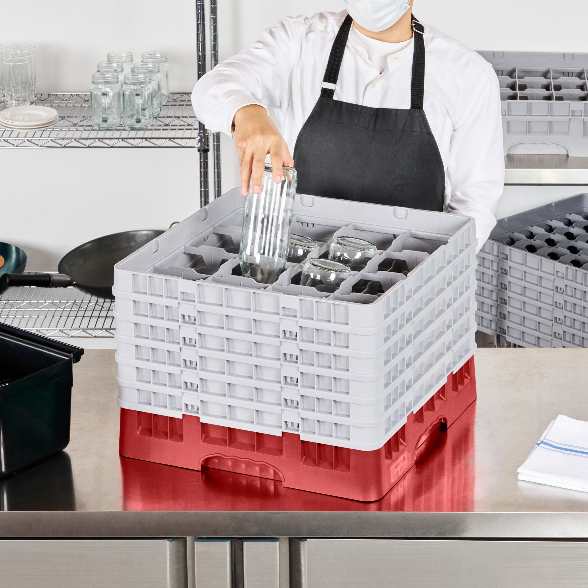 Clean Tek Professional Red Glass Rack - 16 Compartments, 1 Full Drop and 5 Half Drop Extenders - 19 3/4" x 19 3/4" x 13 3/4" - 1 count box
