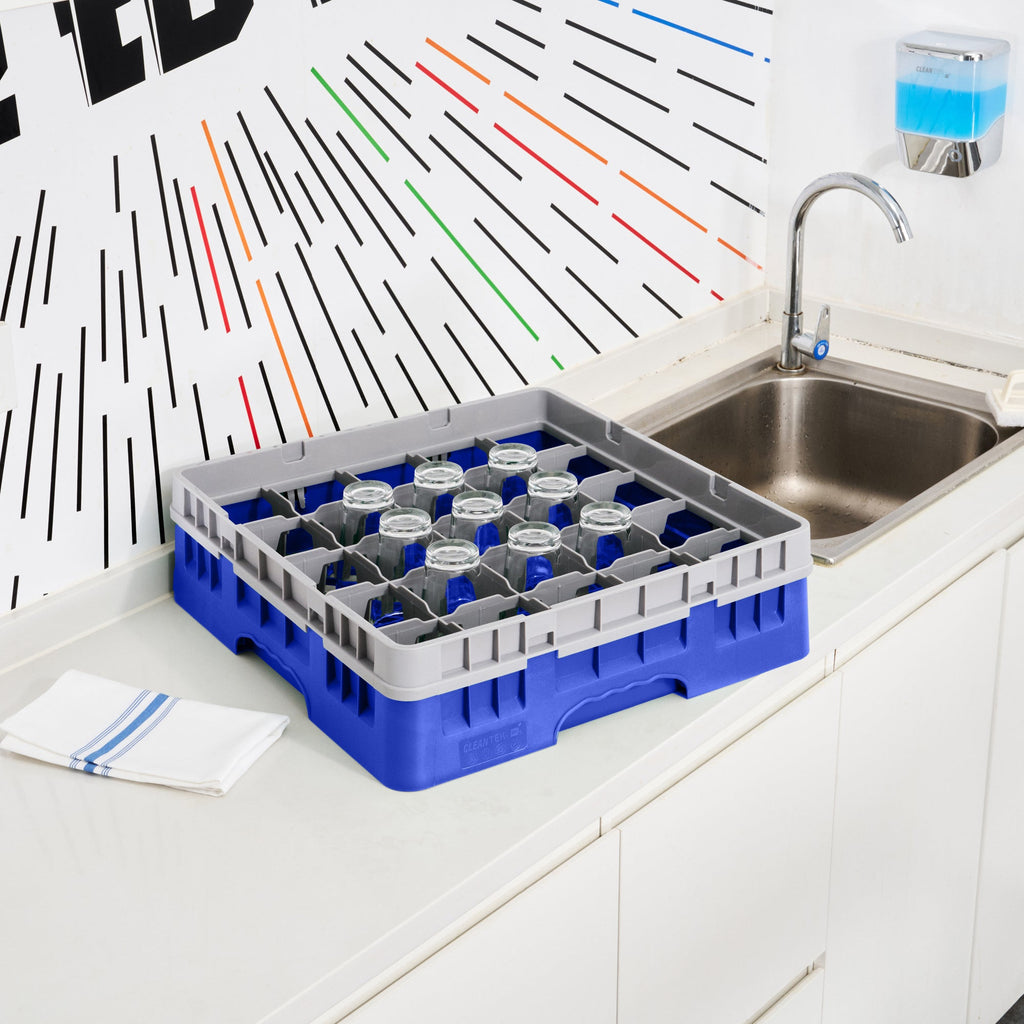 Clean Tek Professional Blue Glass Rack - 25 Compartments, 1 Full Drop Extender - 19 3/4" x 19 3/4" x 5 3/4" - 1 count box