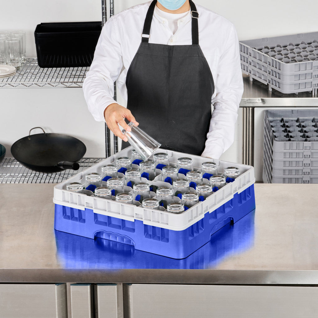 Clean Tek Professional Blue Glass Rack - 25 Compartments, 1 Full Drop Extender - 19 3/4" x 19 3/4" x 5 3/4" - 1 count box