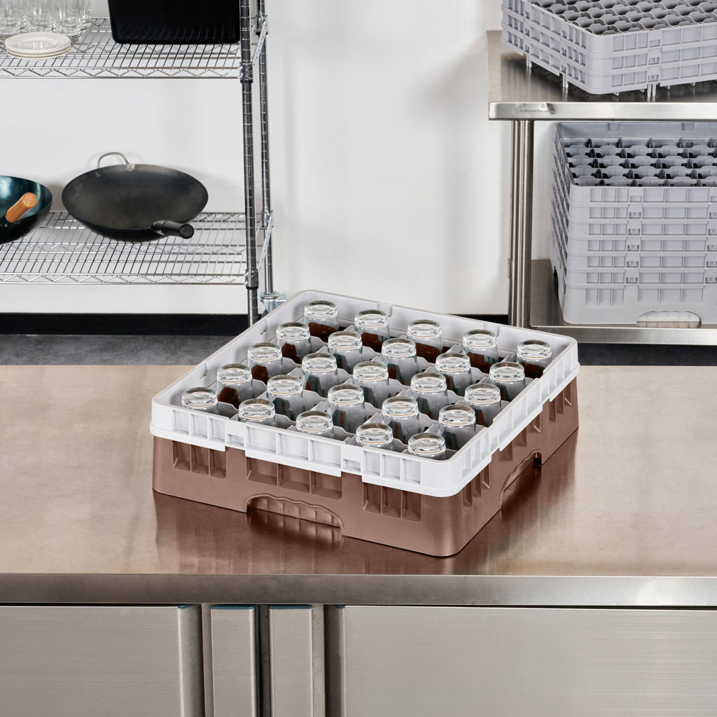 Clean Tek Professional Brown Glass Rack - 25 Compartments, 1 Full Drop Extender - 19 3/4" x 19 3/4" x 5 3/4" - 1 count box