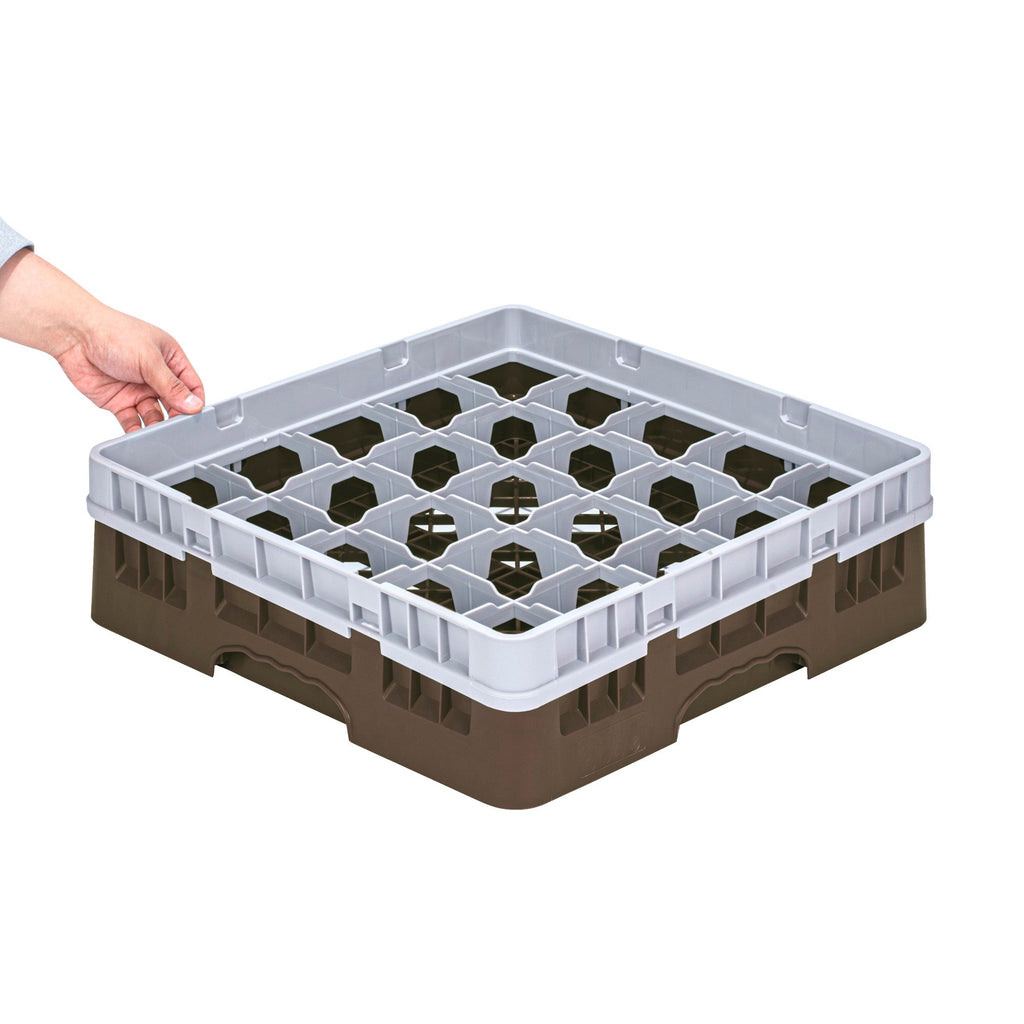 Clean Tek Professional Brown Glass Rack - 25 Compartments, 1 Full Drop Extender - 19 3/4" x 19 3/4" x 5 3/4" - 1 count box