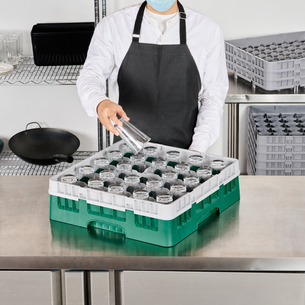 Clean Tek Professional Green Glass Rack - 25 Compartments, 1 Full Drop Extender - 19 3/4" x 19 3/4" x 5 3/4" - 1 count box