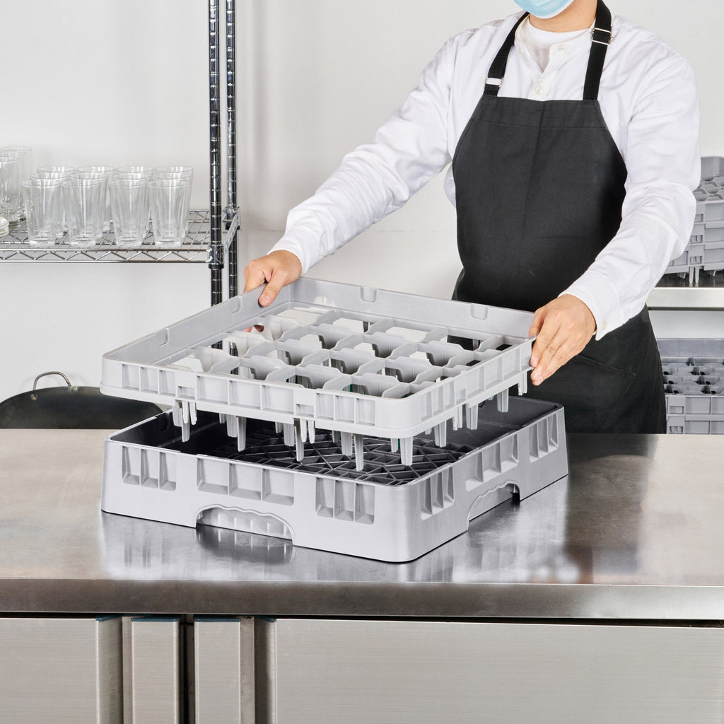 Clean Tek Professional Gray Glass Rack - 25 Compartments, 1 Full Drop Extender - 19 3/4" x 19 3/4" x 5 3/4" - 1 count box