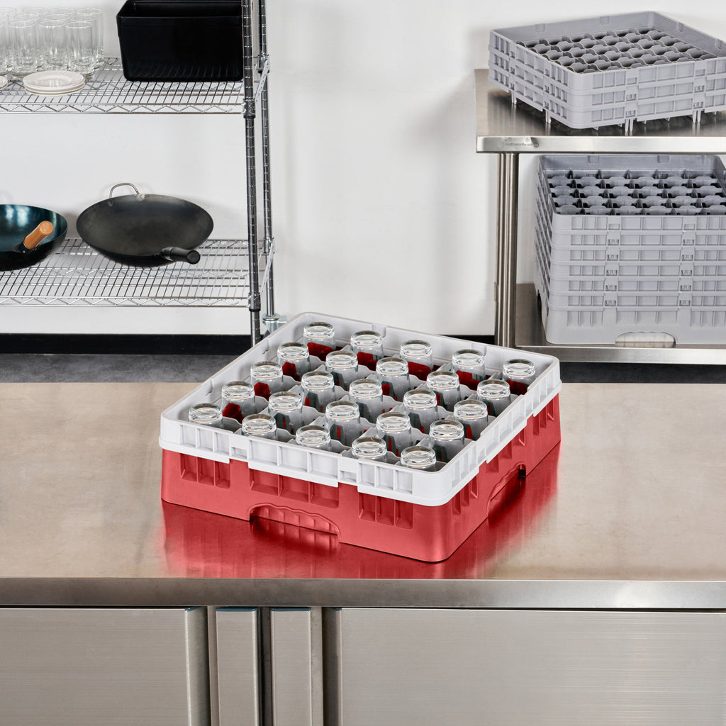 Clean Tek Professional Red Glass Rack - 25 Compartments, 1 Full Drop Extender - 19 3/4" x 19 3/4" x 5 3/4" - 1 count box