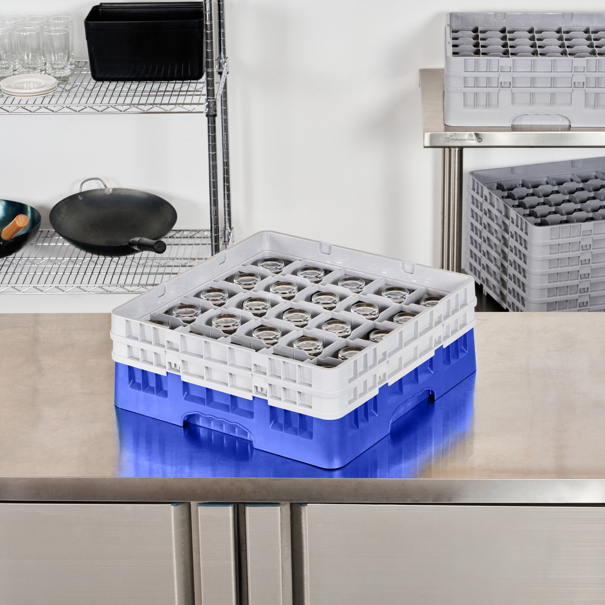 Clean Tek Professional Blue Glass Rack - 25 Compartments, 1 Full Drop and 1 Half Drop Extender - 19 3/4" x 19 3/4" x 7 1/4" - 1 count box