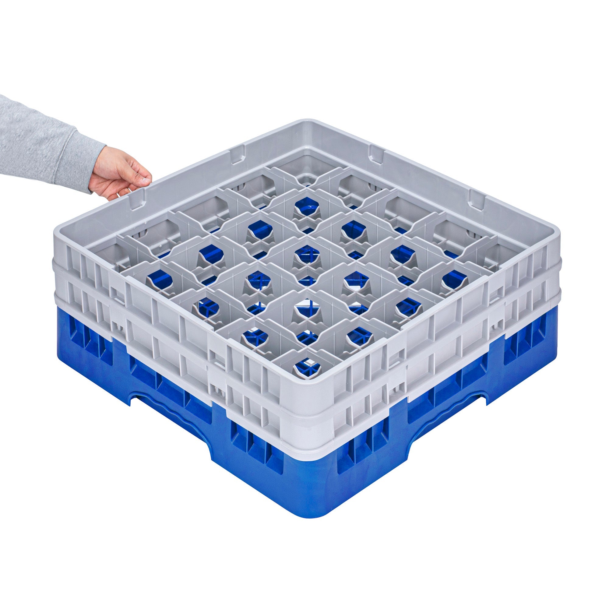 Clean Tek Professional Blue Glass Rack - 25 Compartments, 1 Full Drop and 1 Half Drop Extender - 19 3/4" x 19 3/4" x 7 1/4" - 1 count box
