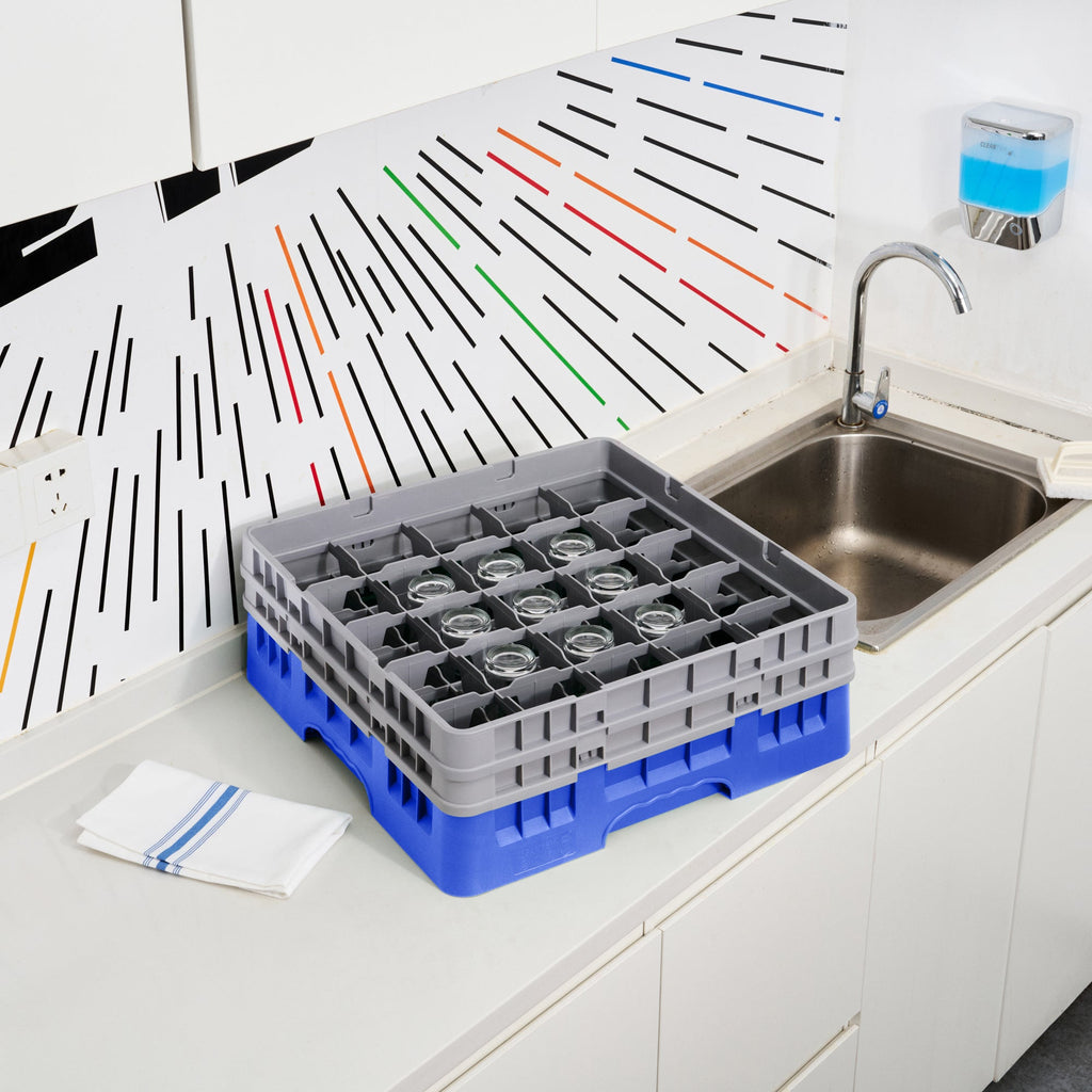 Clean Tek Professional Blue Glass Rack - 25 Compartments, 1 Full Drop and 1 Half Drop Extender - 19 3/4" x 19 3/4" x 7 1/4" - 1 count box