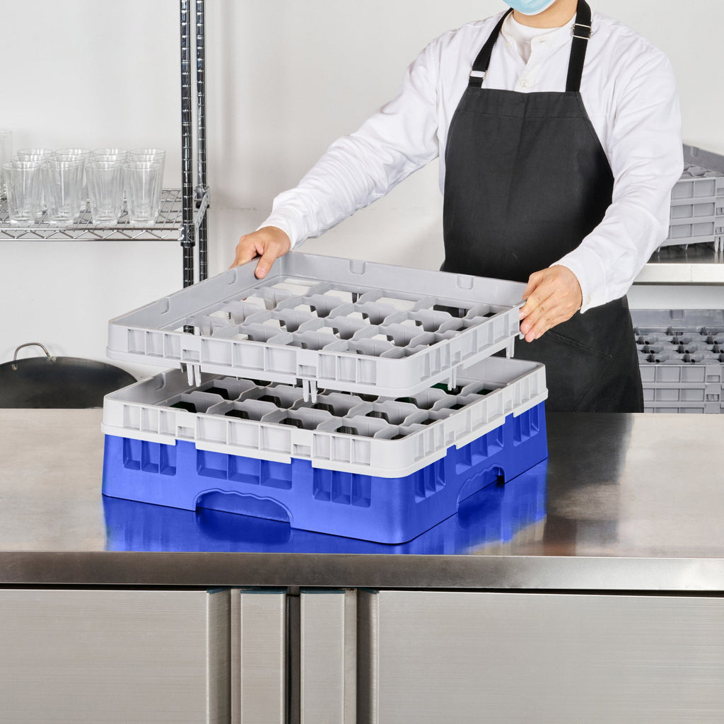 Clean Tek Professional Blue Glass Rack - 25 Compartments, 1 Full Drop and 1 Half Drop Extender - 19 3/4" x 19 3/4" x 7 1/4" - 1 count box