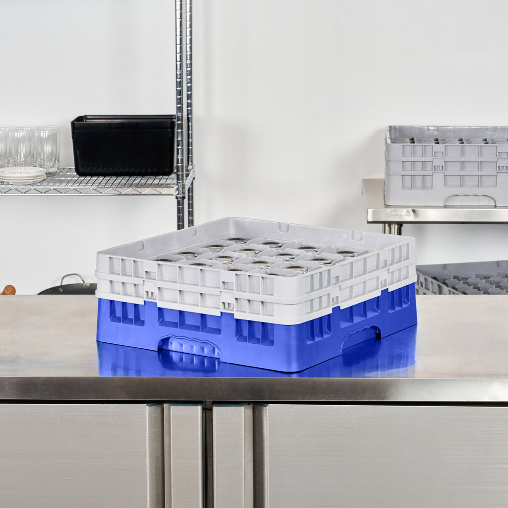 Clean Tek Professional Blue Glass Rack - 25 Compartments, 1 Full Drop and 1 Half Drop Extender - 19 3/4" x 19 3/4" x 7 1/4" - 1 count box