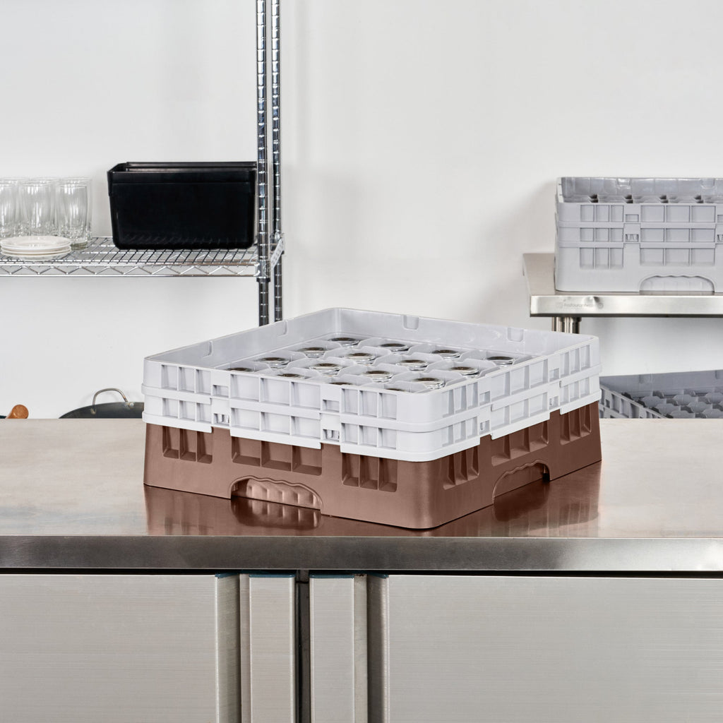 Clean Tek Professional Brown Glass Rack - 25 Compartments, 1 Full Drop and 1 Half Drop Extender - 19 3/4" x 19 3/4" x 7 1/4" - 1 count box