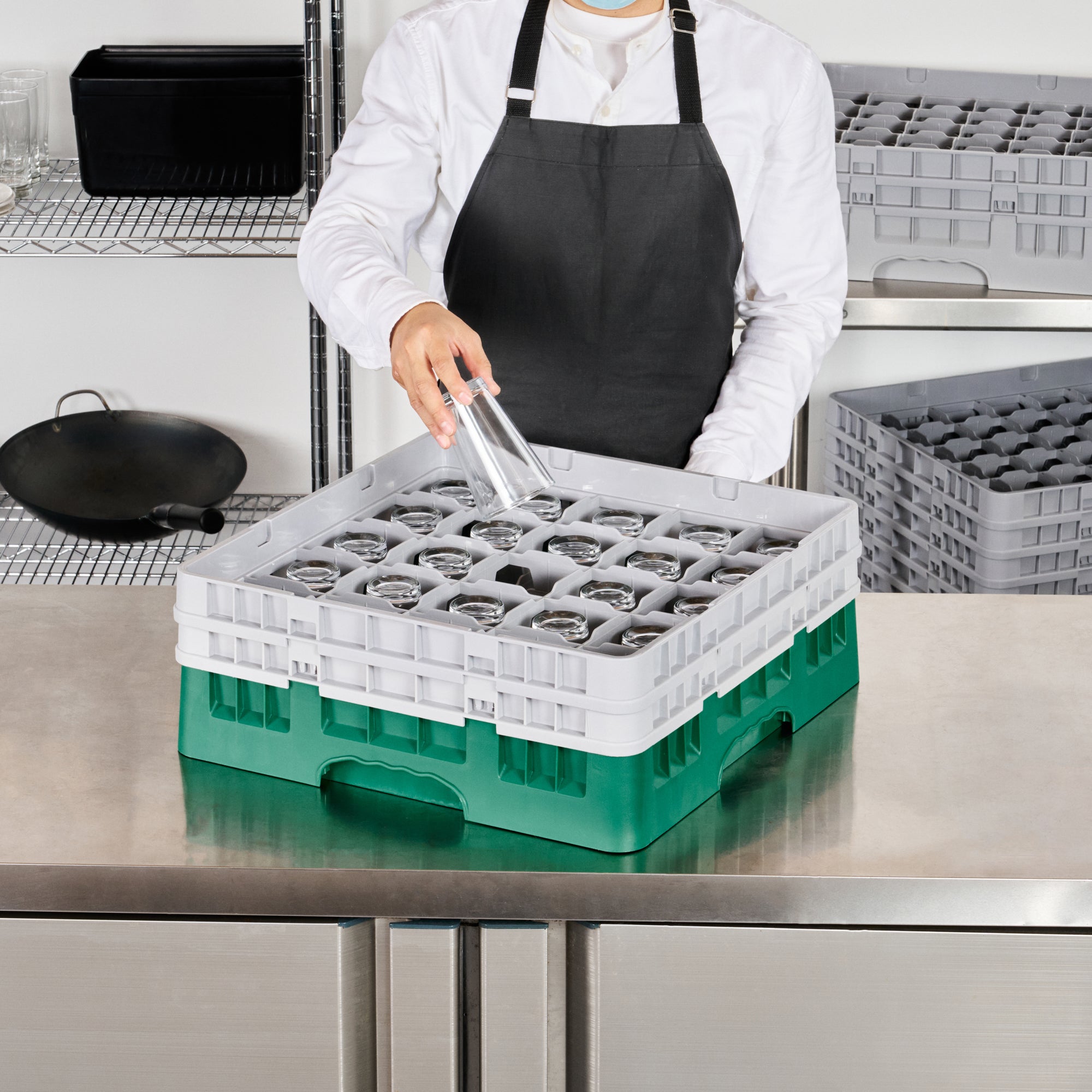 Clean Tek Professional Green Glass Rack - 25 Compartments, 1 Full Drop and 1 Half Drop Extender - 19 3/4" x 19 3/4" x 7 1/4" - 1 count box