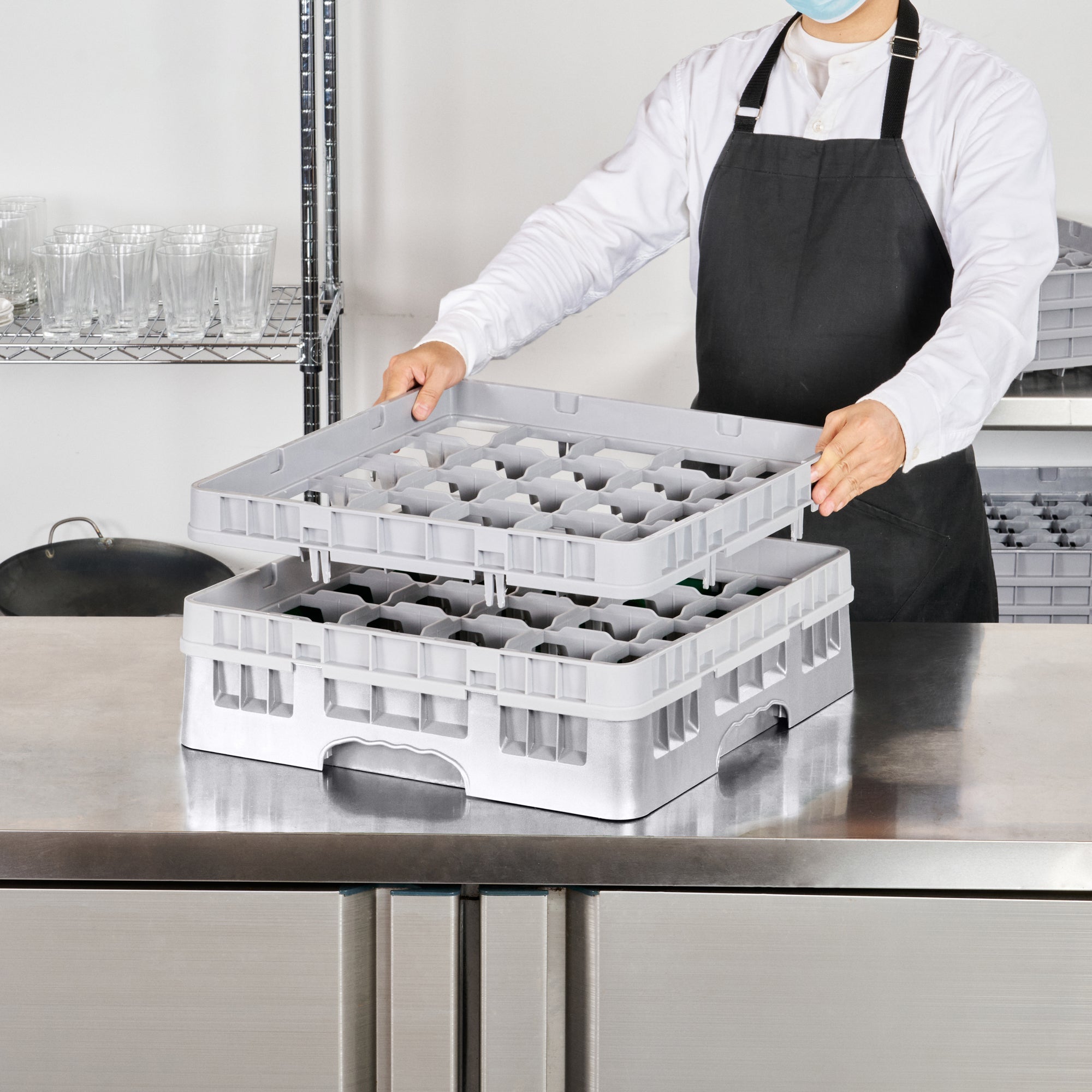 Clean Tek Professional Gray Glass Rack - 25 Compartments, 1 Full Drop and 1 Half Drop Extender - 19 3/4" x 19 3/4" x 7 1/4" - 1 count box