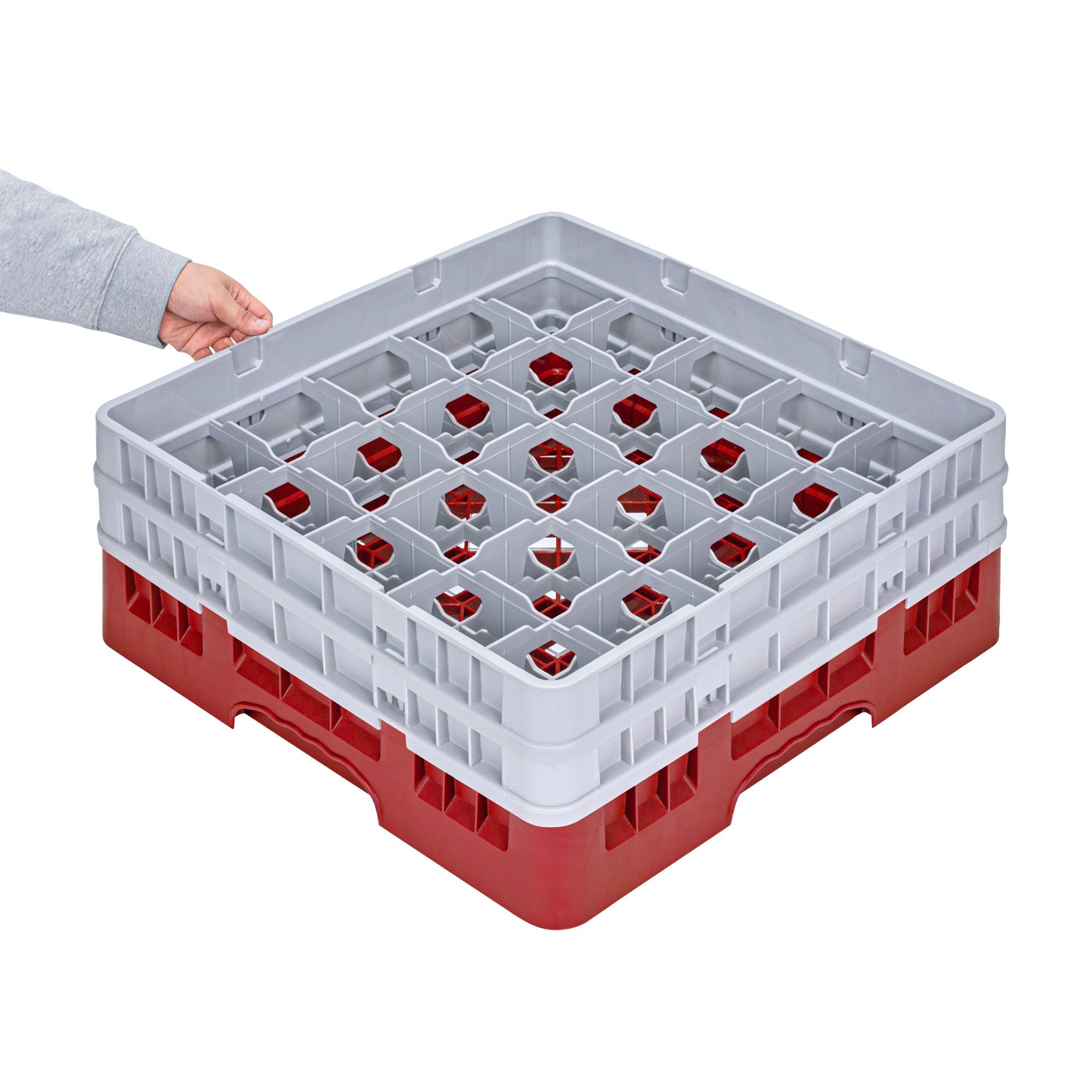 Clean Tek Professional Red Glass Rack - 25 Compartments, 1 Full Drop and 1 Half Drop Extender - 19 3/4" x 19 3/4" x 7 1/4" - 1 count box