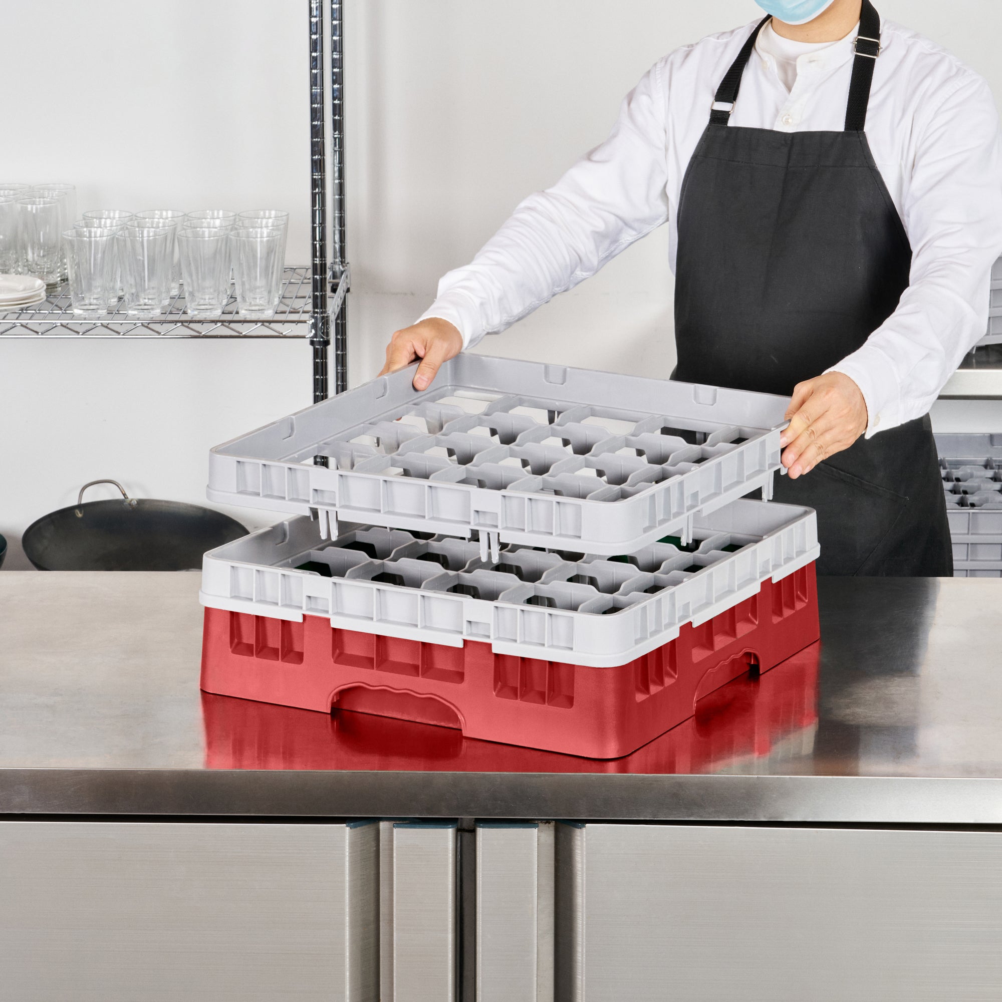 Clean Tek Professional Red Glass Rack - 25 Compartments, 1 Full Drop and 1 Half Drop Extender - 19 3/4" x 19 3/4" x 7 1/4" - 1 count box