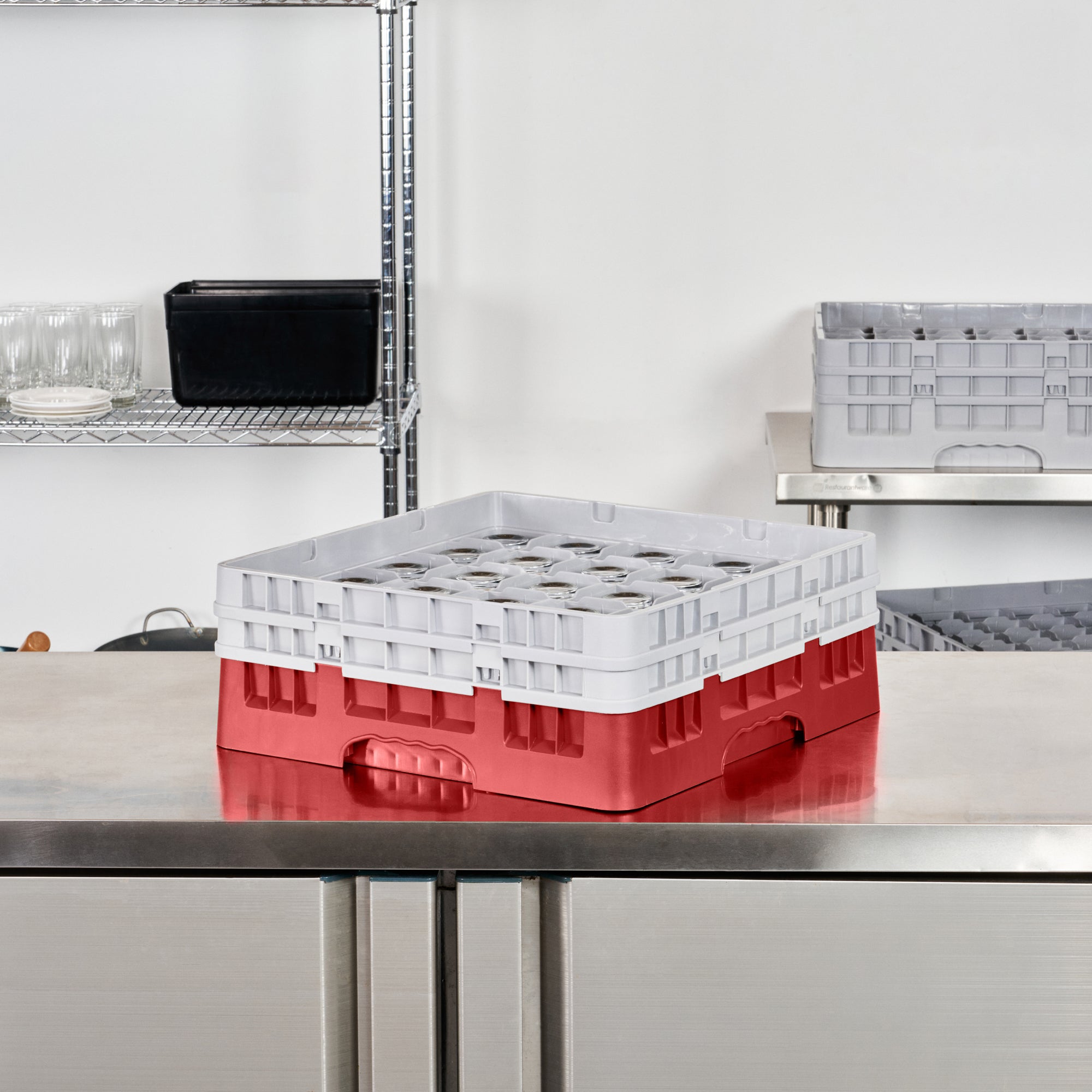 Clean Tek Professional Red Glass Rack - 25 Compartments, 1 Full Drop and 1 Half Drop Extender - 19 3/4" x 19 3/4" x 7 1/4" - 1 count box
