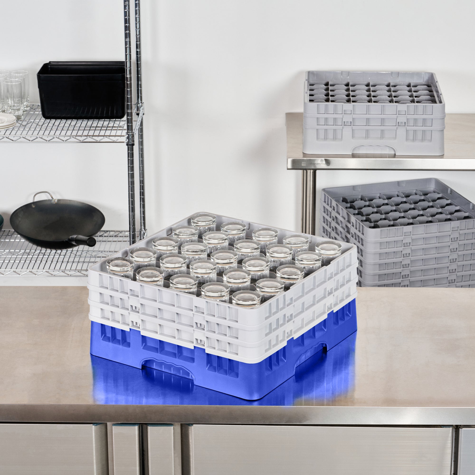 Clean Tek Professional Blue Glass Rack - 25 Compartments, 1 Full Drop and 2 Half Drop Extenders - 19 3/4" x 19 3/4" x 8 3/4" - 1 count box