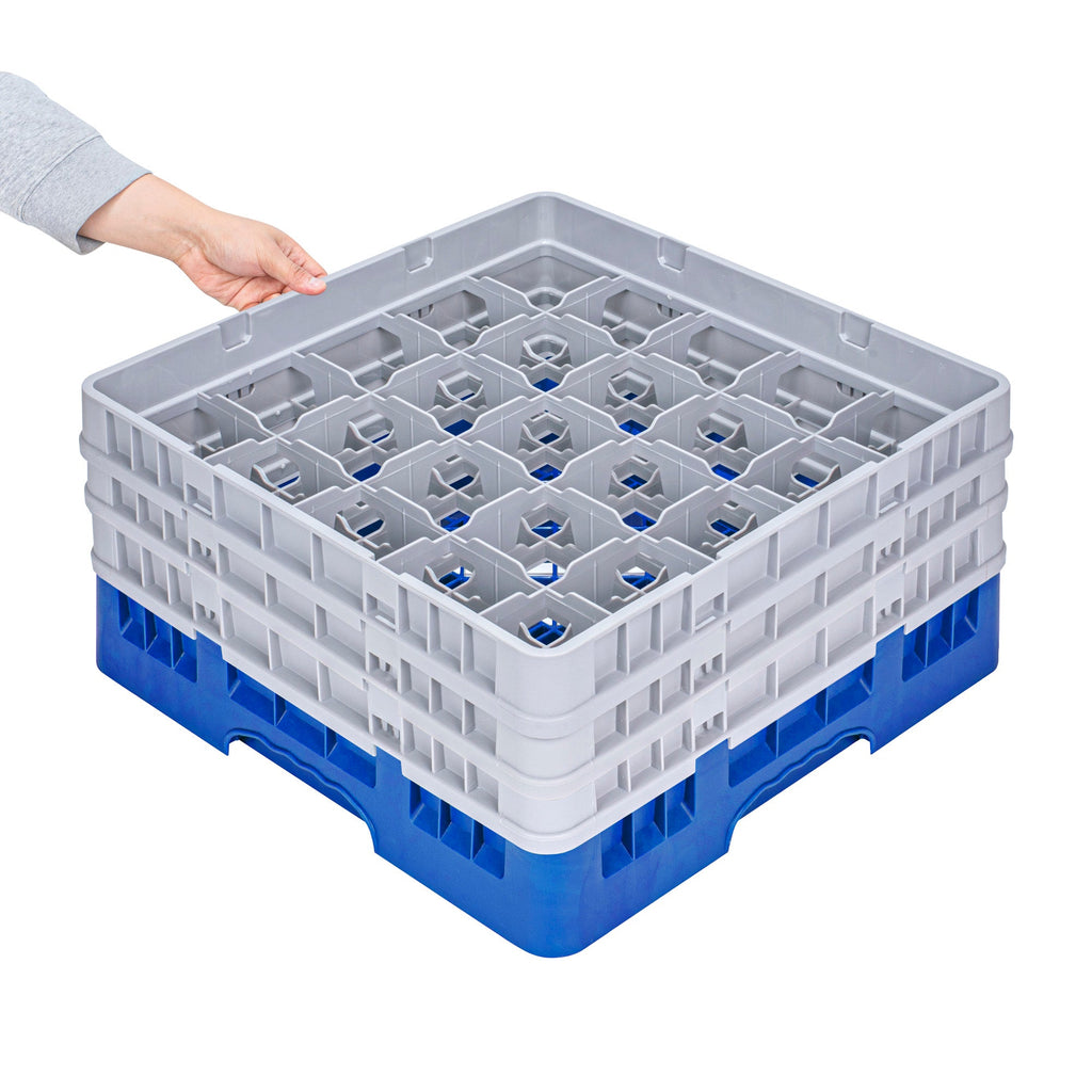 Clean Tek Professional Blue Glass Rack - 25 Compartments, 1 Full Drop and 2 Half Drop Extenders - 19 3/4" x 19 3/4" x 8 3/4" - 1 count box