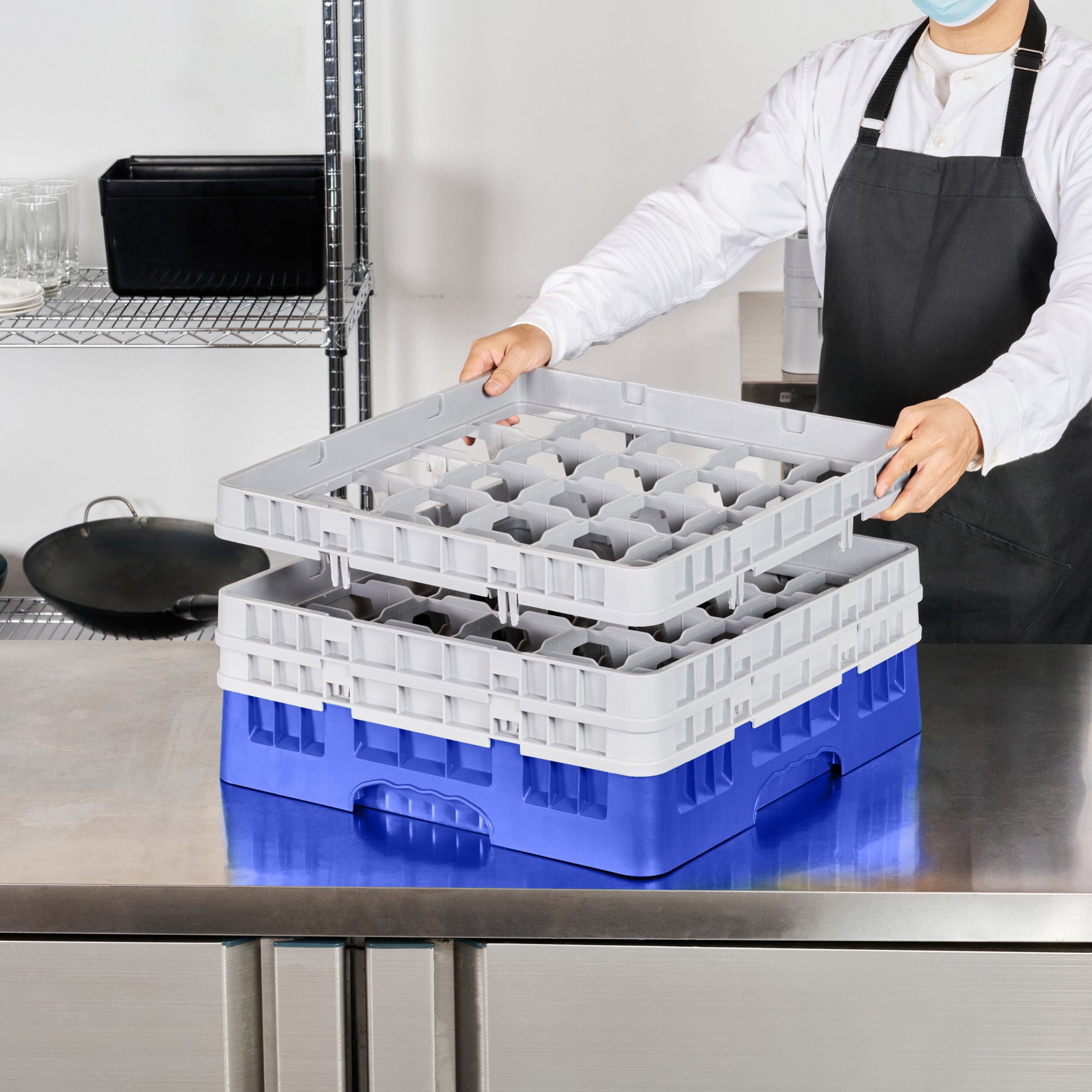 Clean Tek Professional Blue Glass Rack - 25 Compartments, 1 Full Drop and 2 Half Drop Extenders - 19 3/4" x 19 3/4" x 8 3/4" - 1 count box