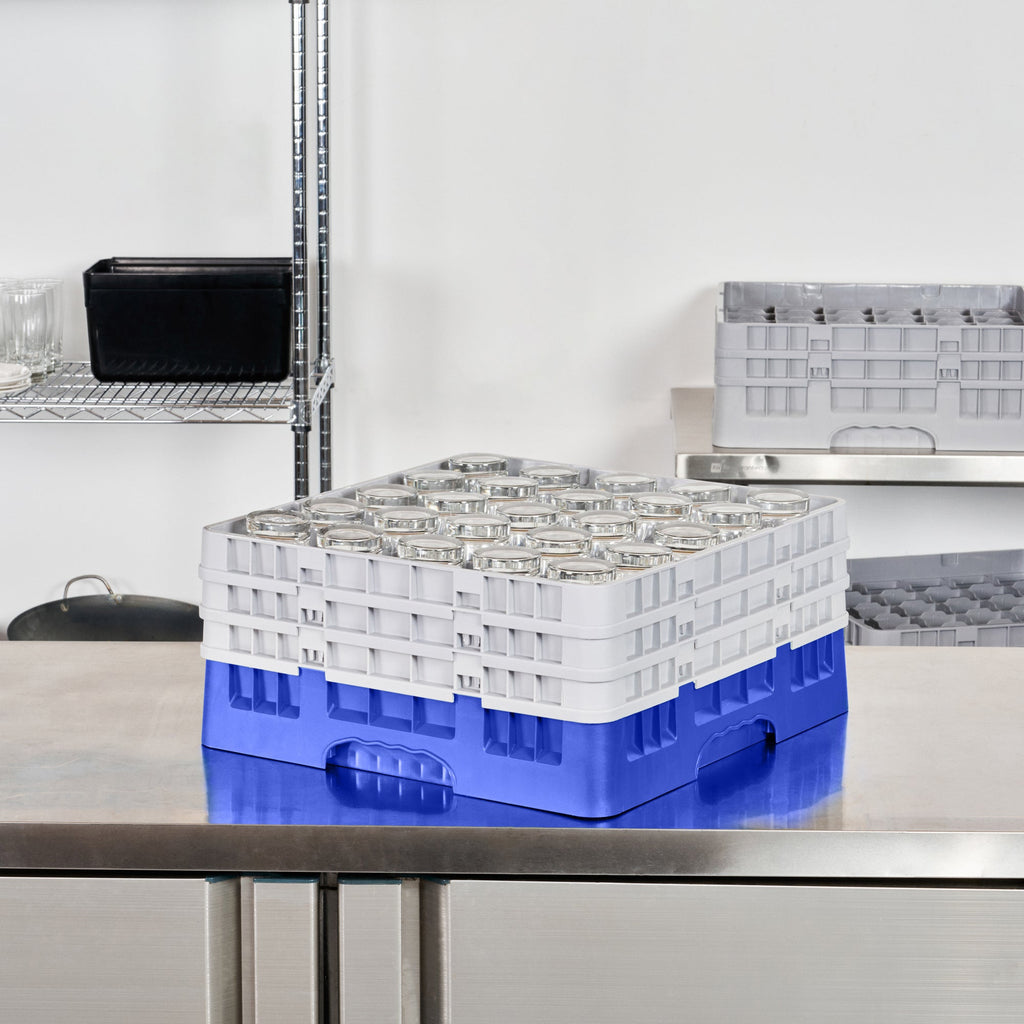 Clean Tek Professional Blue Glass Rack - 25 Compartments, 1 Full Drop and 2 Half Drop Extenders - 19 3/4" x 19 3/4" x 8 3/4" - 1 count box