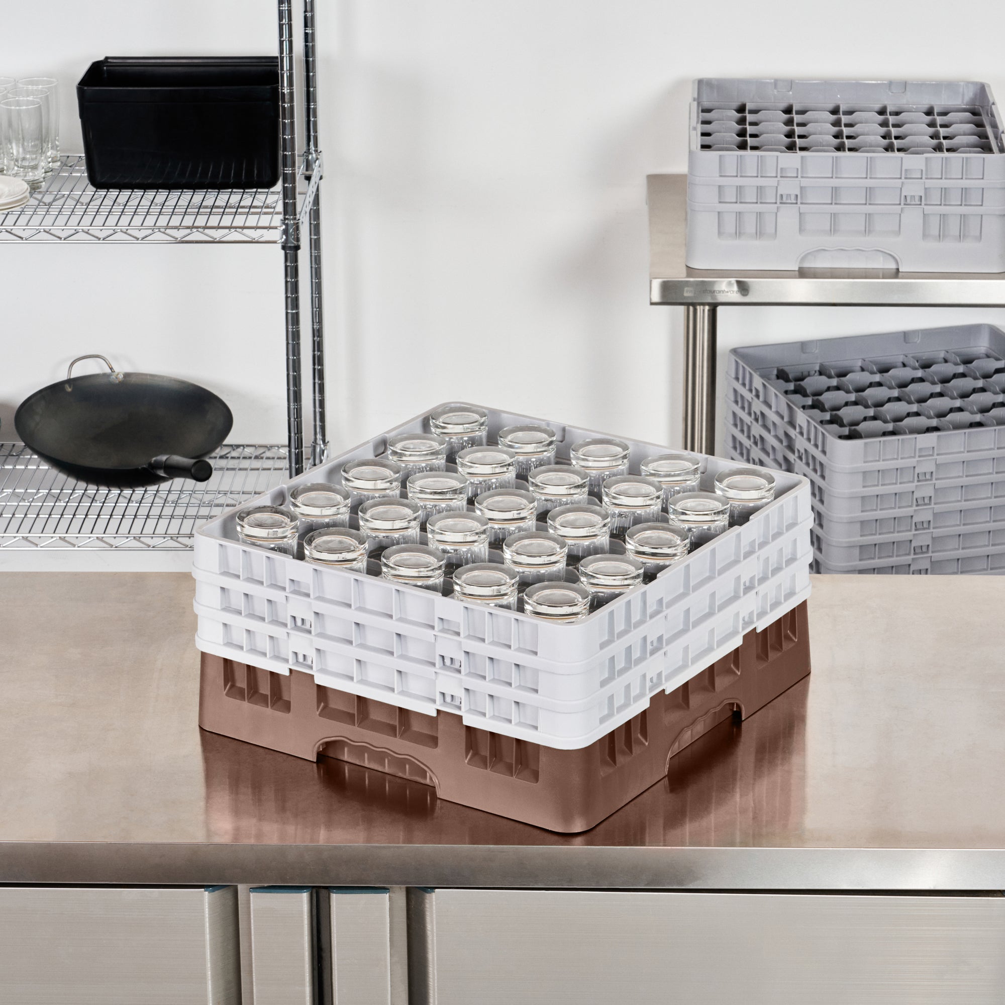 Clean Tek Professional Brown Glass Rack - 25 Compartments, 1 Full Drop and 2 Half Drop Extenders - 19 3/4" x 19 3/4" x 8 3/4" - 1 count box