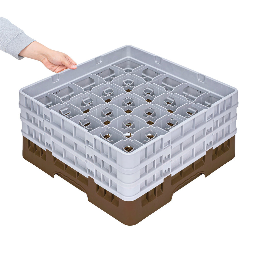 Clean Tek Professional Brown Glass Rack - 25 Compartments, 1 Full Drop and 2 Half Drop Extenders - 19 3/4" x 19 3/4" x 8 3/4" - 1 count box