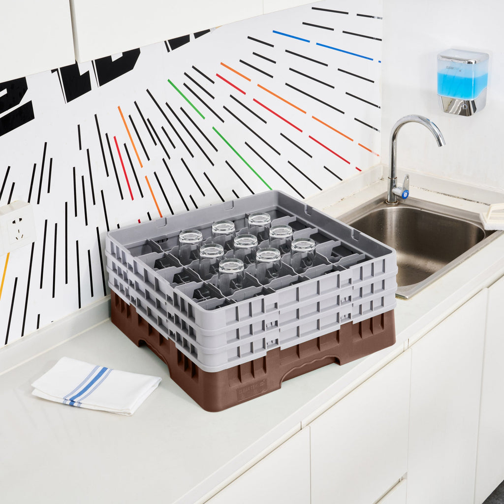 Clean Tek Professional Brown Glass Rack - 25 Compartments, 1 Full Drop and 2 Half Drop Extenders - 19 3/4" x 19 3/4" x 8 3/4" - 1 count box