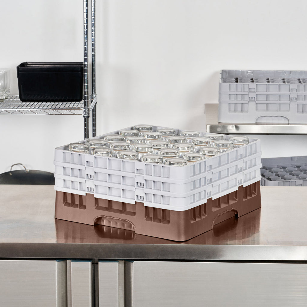 Clean Tek Professional Brown Glass Rack - 25 Compartments, 1 Full Drop and 2 Half Drop Extenders - 19 3/4" x 19 3/4" x 8 3/4" - 1 count box