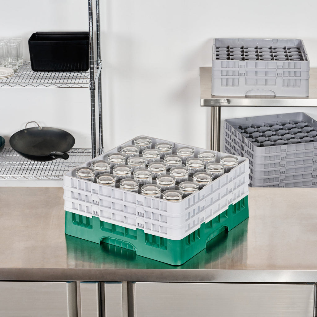 Clean Tek Professional Green Glass Rack - 25 Compartments, 1 Full Drop and 2 Half Drop Extenders - 19 3/4" x 19 3/4" x 8 3/4" - 1 count box