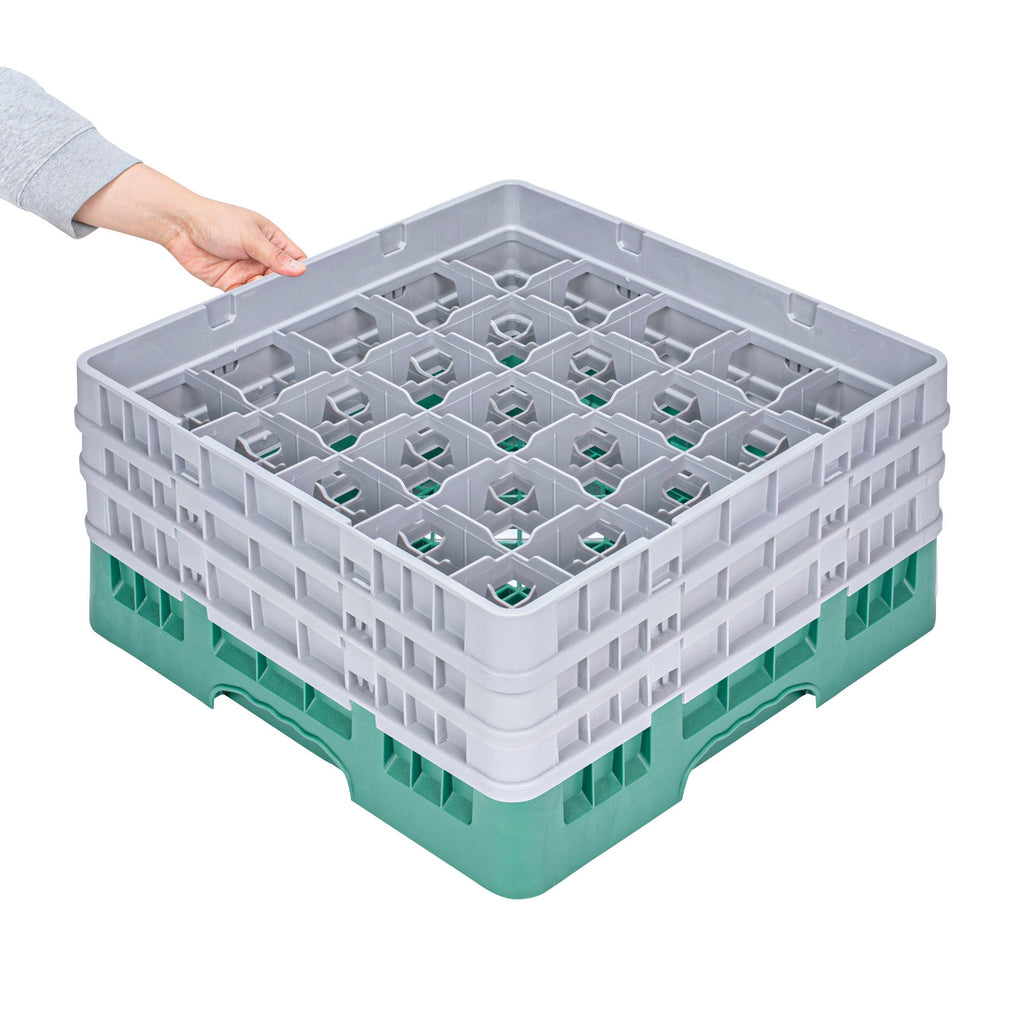 Clean Tek Professional Green Glass Rack - 25 Compartments, 1 Full Drop and 2 Half Drop Extenders - 19 3/4" x 19 3/4" x 8 3/4" - 1 count box