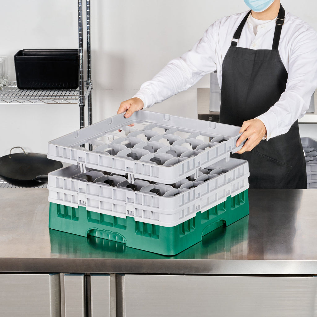 Clean Tek Professional Green Glass Rack - 25 Compartments, 1 Full Drop and 2 Half Drop Extenders - 19 3/4" x 19 3/4" x 8 3/4" - 1 count box