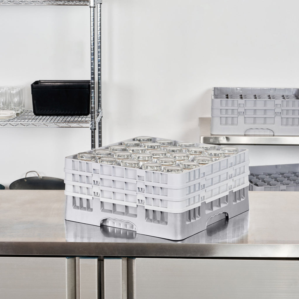 Clean Tek Professional Gray Glass Rack - 25 Compartments, 1 Full Drop and 2 Half Drop Extenders - 19 3/4" x 19 3/4" x 8 3/4" - 1 count box