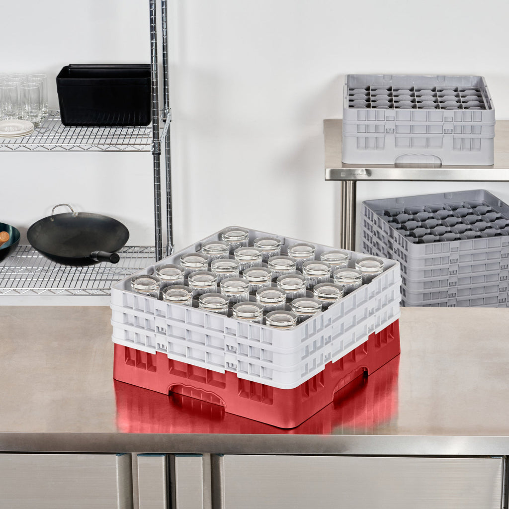 Clean Tek Professional Red Glass Rack - 25 Compartments, 1 Full Drop and 2 Half Drop Extenders - 19 3/4" x 19 3/4" x 8 3/4" - 1 count box