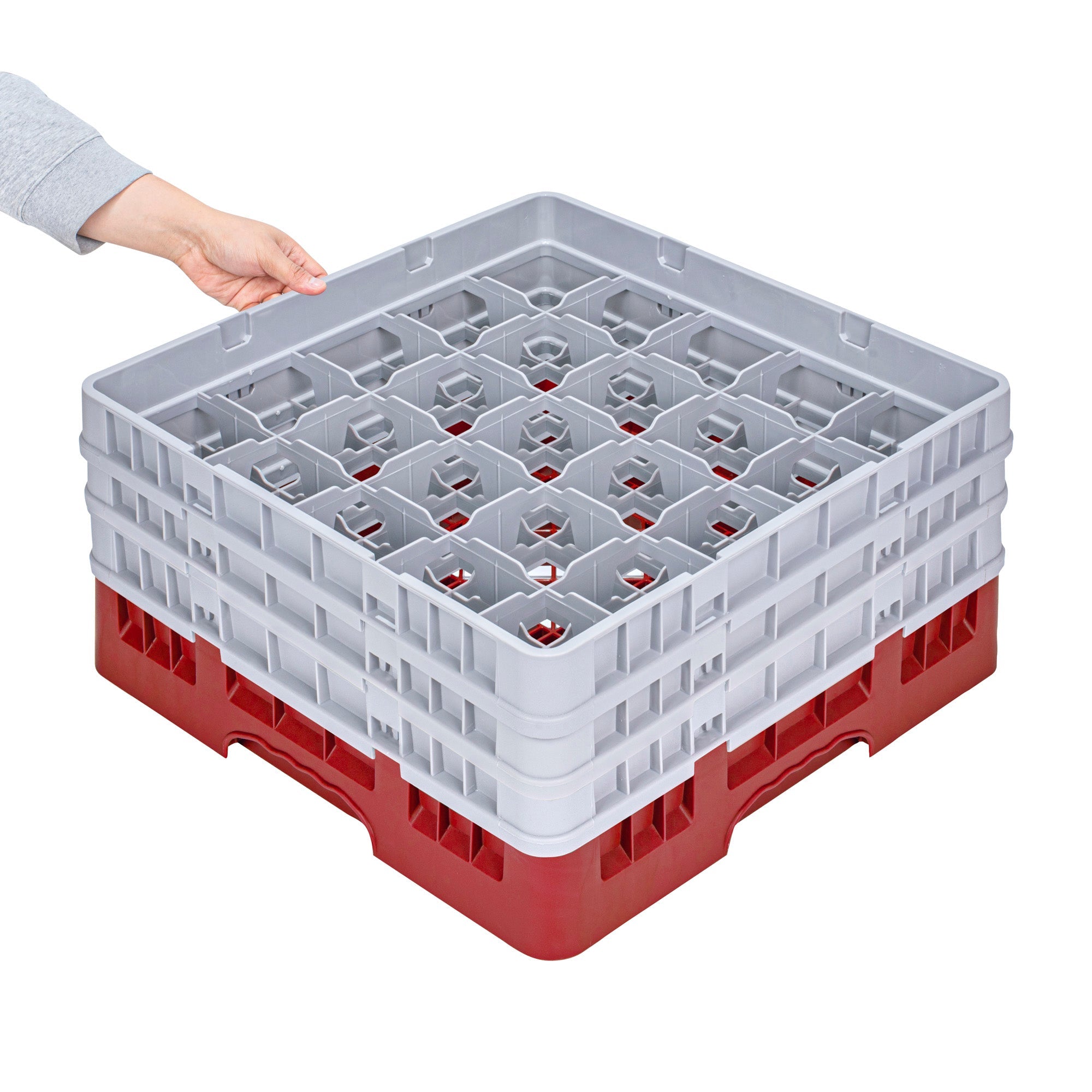 Clean Tek Professional Red Glass Rack - 25 Compartments, 1 Full Drop and 2 Half Drop Extenders - 19 3/4" x 19 3/4" x 8 3/4" - 1 count box