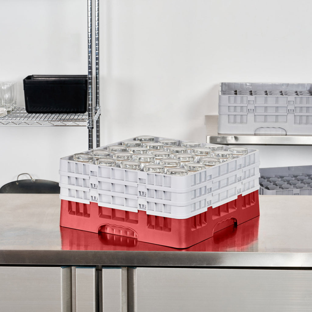 Clean Tek Professional Red Glass Rack - 25 Compartments, 1 Full Drop and 2 Half Drop Extenders - 19 3/4" x 19 3/4" x 8 3/4" - 1 count box