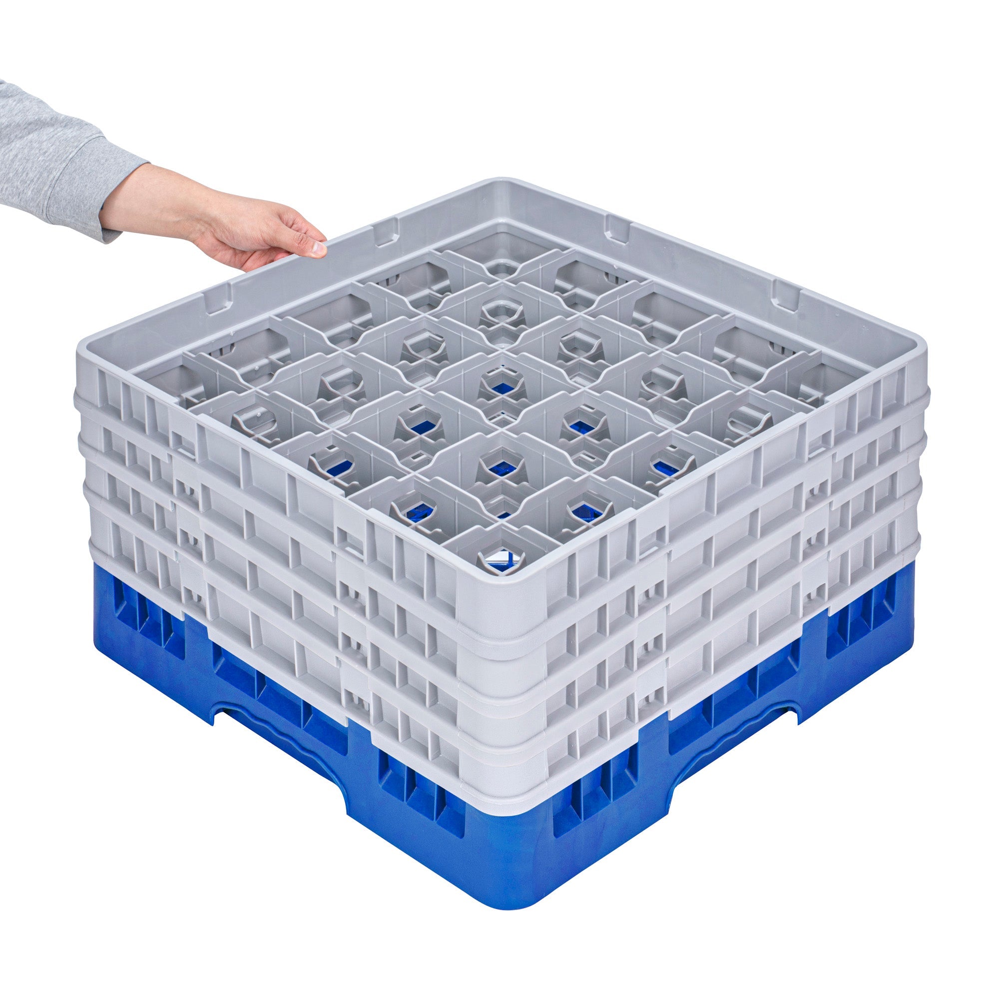 Clean Tek Professional Blue Glass Rack - 25 Compartments, 1 Full Drop and 3 Half Drop Extenders - 19 3/4" x 19 3/4" x 10 1/2" - 1 count box