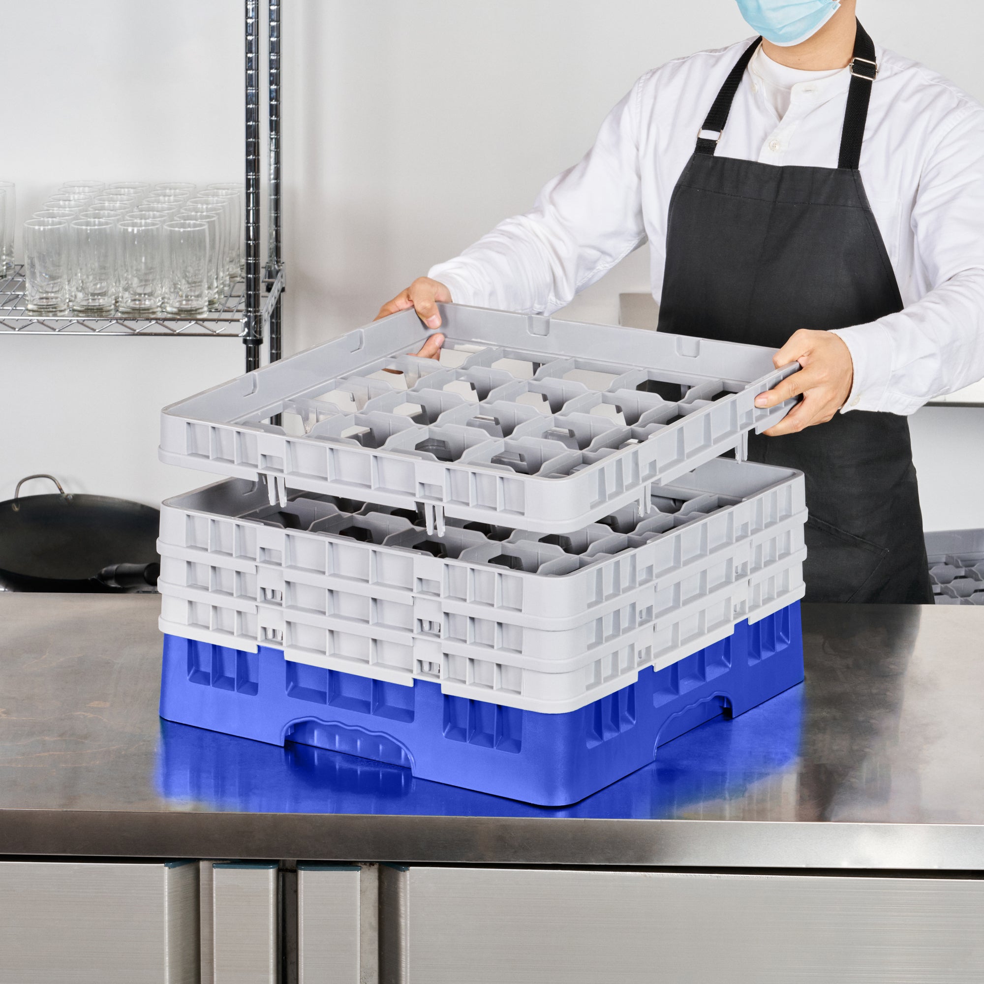 Clean Tek Professional Blue Glass Rack - 25 Compartments, 1 Full Drop and 3 Half Drop Extenders - 19 3/4" x 19 3/4" x 10 1/2" - 1 count box