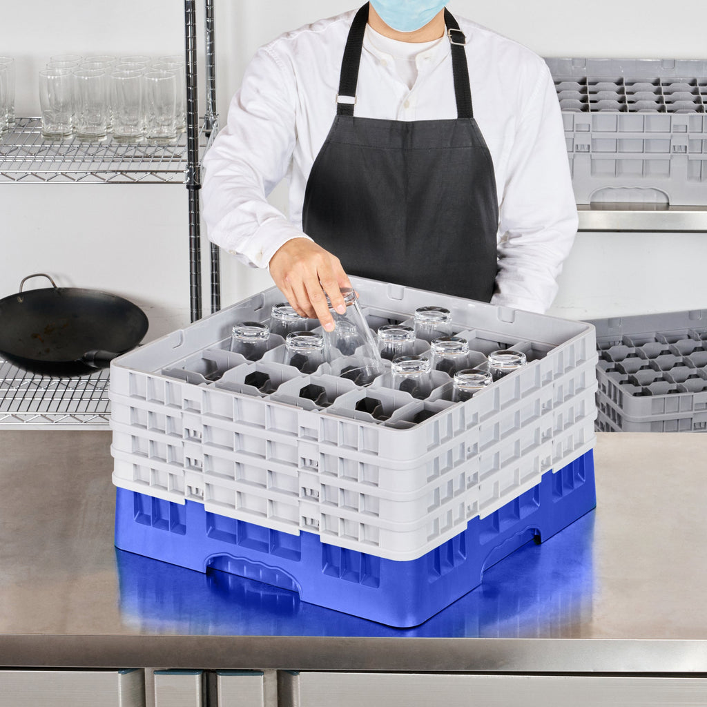 Clean Tek Professional Blue Glass Rack - 25 Compartments, 1 Full Drop and 3 Half Drop Extenders - 19 3/4" x 19 3/4" x 10 1/2" - 1 count box