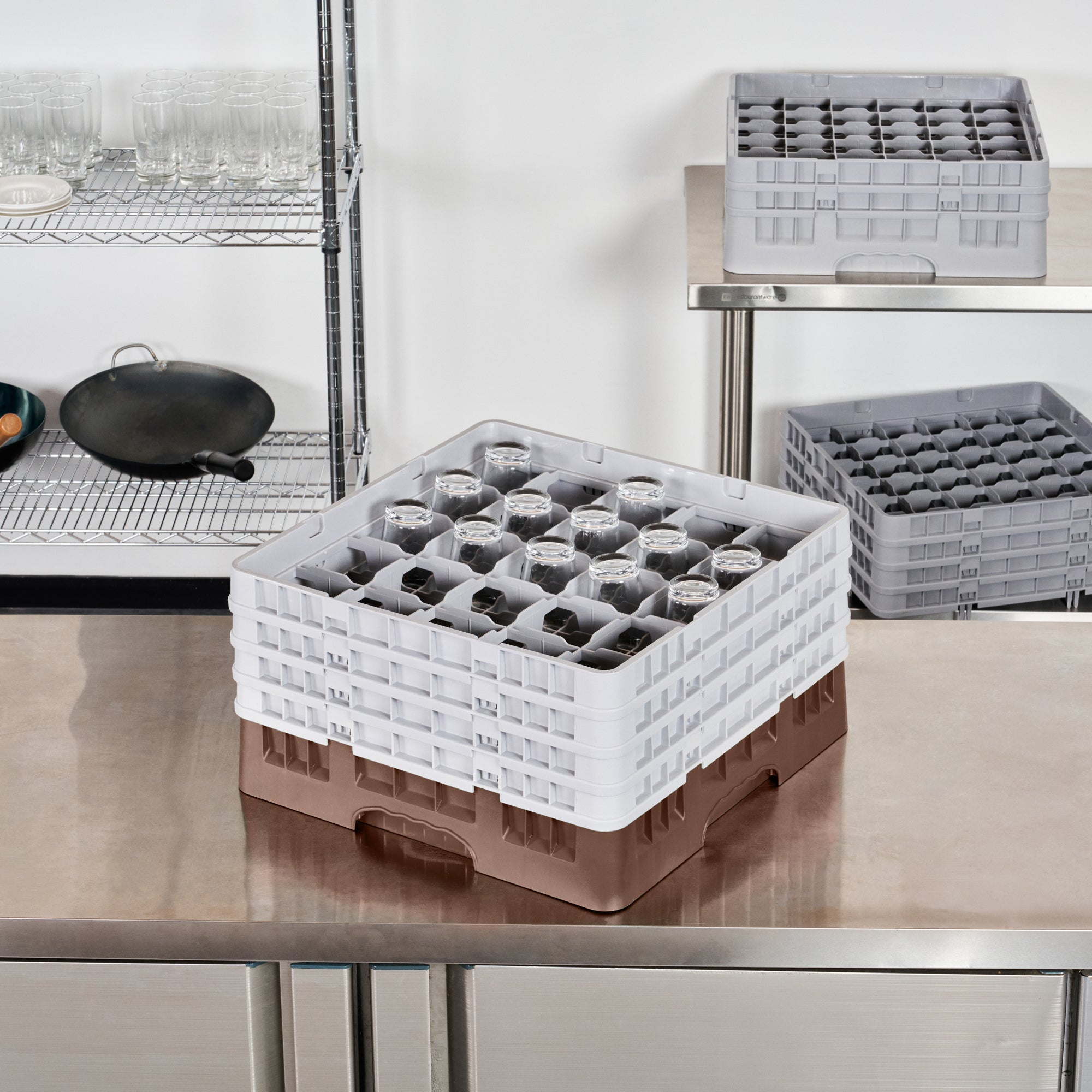 Clean Tek Professional Brown Glass Rack - 25 Compartments, 1 Full Drop and 3 Half Drop Extenders - 19 3/4" x 19 3/4" x 10 1/2" - 1 count box