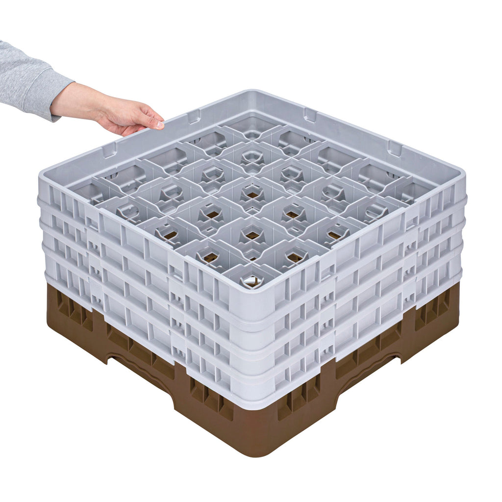 Clean Tek Professional Brown Glass Rack - 25 Compartments, 1 Full Drop and 3 Half Drop Extenders - 19 3/4" x 19 3/4" x 10 1/2" - 1 count box
