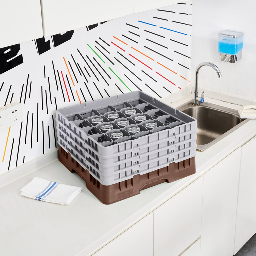Clean Tek Professional Brown Glass Rack - 25 Compartments, 1 Full Drop and 3 Half Drop Extenders - 19 3/4" x 19 3/4" x 10 1/2" - 1 count box