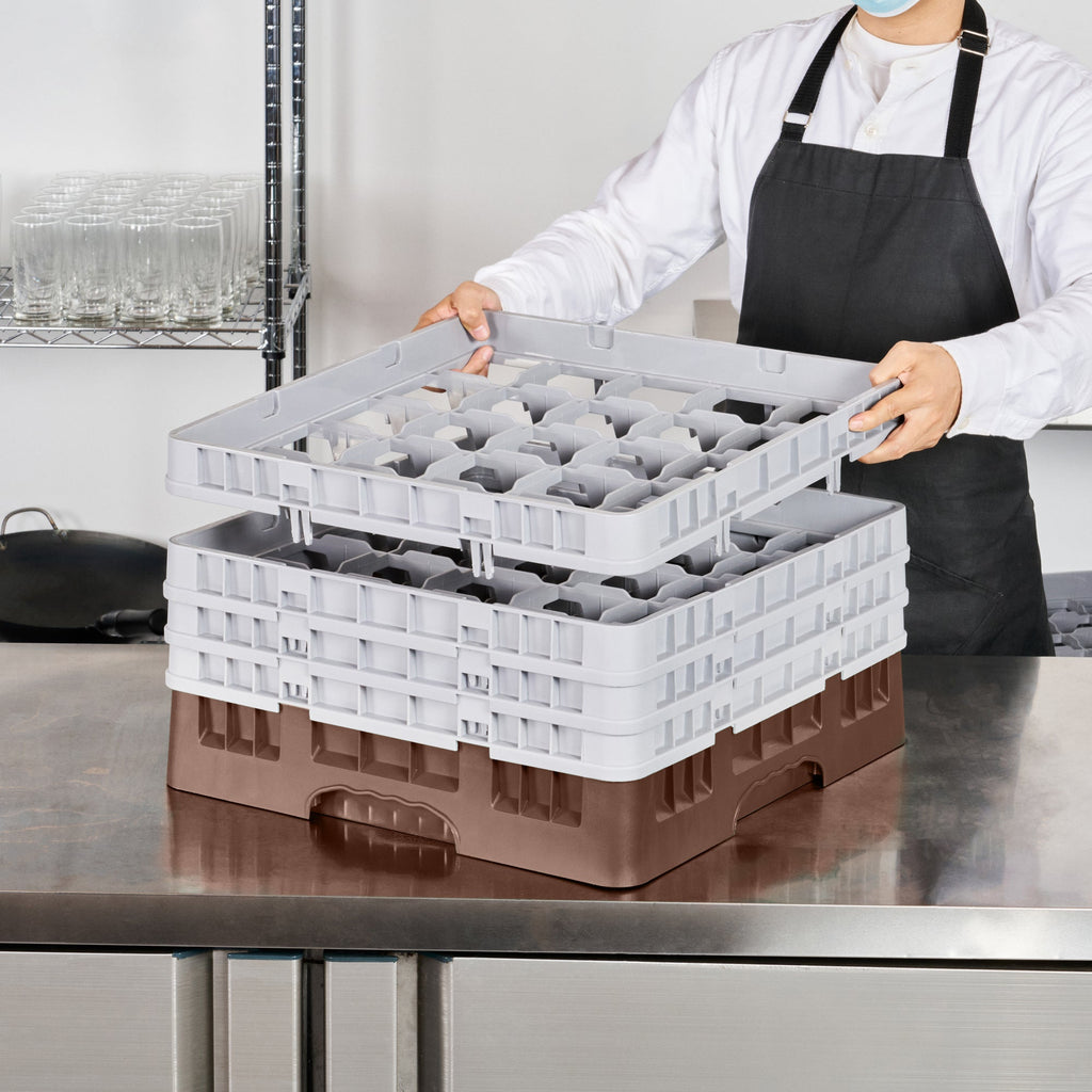 Clean Tek Professional Brown Glass Rack - 25 Compartments, 1 Full Drop and 3 Half Drop Extenders - 19 3/4" x 19 3/4" x 10 1/2" - 1 count box
